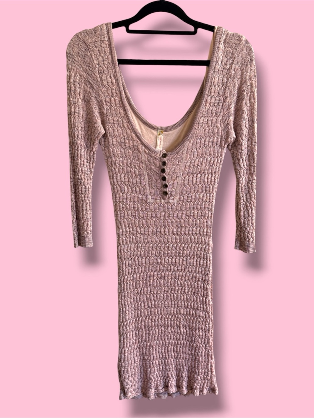 Free People Blush Pink Ribbed Scoop-Neck Long Sleeve Dress #112